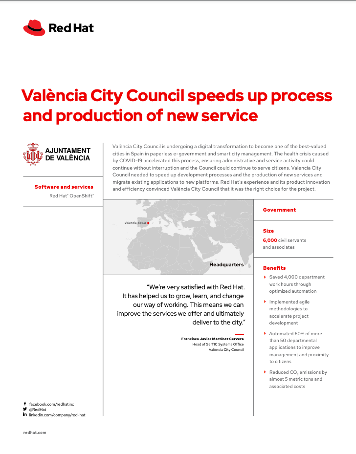 The Valencia City Council is undergoing a digital transformation that is making it one of the top cities in Spain for paperless e-government and smart city management. 

Read this customer story to learn how implementing Red Hat OpenShift allowed the Council to optimize automation, enabling it to speed up development processes, the production of new services and migrate existing applications to new platforms, allowing it to better serve its citizens.